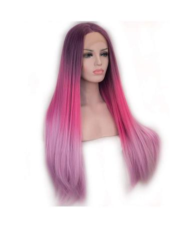 SHIYID Long Straight Pink Red Dark Roots Synthetic Lace Front Wig - Natural Hairline Wigs for Women | International Shipping - Buy Online on GoSupps.com