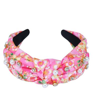 Vintage Pearl Print Crystal Knotted Headband - Cherry Pink Floral Hair Band - Buy Online on GoSupps.com