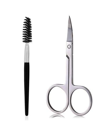 Eyebrow Scissors and Eyebrow Brush by AUMELO - Eyelash Extensions Shaping Curved Craft Stainless Steel Scissors for Your Beauty Silver