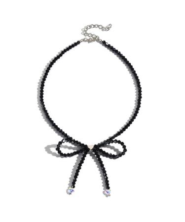 Kuaiyiju necklace with loop trailer collarbone chain acrylic beads butterfly statement ladies necklace adjustable collarbone chain jewelry black/crystal