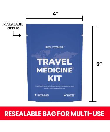 Travel Medicine Kit - 16 TSA-Approved Packets | Ibuprofen Bismol Antacids | Real Vitamins - Buy Online on GoSupps.com