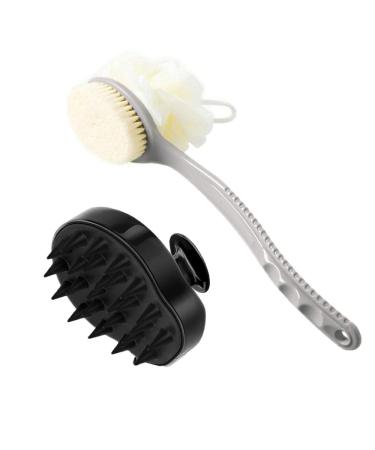 Upgrade Shower Back Scrubber with Bristle and Loofah & Hair Scalp Massager Shampoo Brush, Long Handle Back Body BrushShower Brush,Loofah Body Scrubber, Hair Scalp Scrubber Brush for Women,Men&Pet Gray