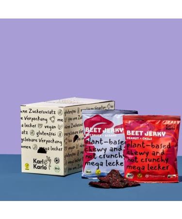 Karl Karlo Vegan Beef Jery - 'Beet Jerky' Peanut & Soya Sesam |made of beetroot hearty vegan snack |Natural ingredients vegan dry meat |Made in Europe 8 x 40 Peanut-Chilli & Soya sauce sesame 40 pieces (8 Pack)