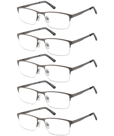 Eyecedar 5-Pack Reading Glasses Men Blue Light Blocking Half frame Rectangle Style Metal Grey Spring Hinges Readers 2.00 5 Pairs Mix 2.0 x
