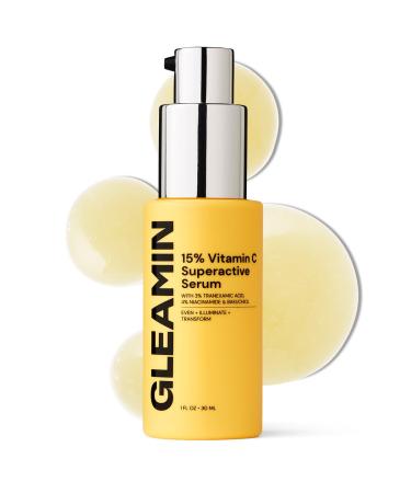 Gleamin 15% Vitamin C Serum - with 3% Tranexamic Acid 4% Niacinamide and Bakuchiol - For Uneven Tone Post-Blemish Visibly Brighten & Texture | Fragrance Free - 1 FL OZ