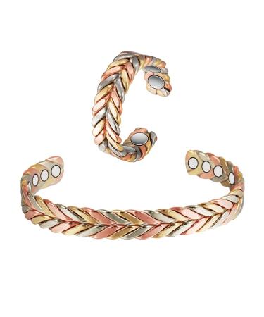 Copper Bracelet for Women Pure Copper Suit Adjustable Three-Color Gold Braid Magnetic Bracelet Ring Fashsion Jewelry Presents(0932 2040)