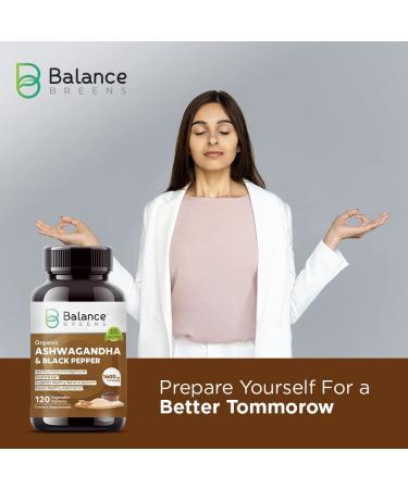 Certified Organic Ashwagandha 1600mg with Black Pepper - 120 Vegan Capsules for Stress, Mood, Energy, and Thyroid Support - Non-GMO & Gluten-Free by Balance Breens - Buy Online on GoSupps.com