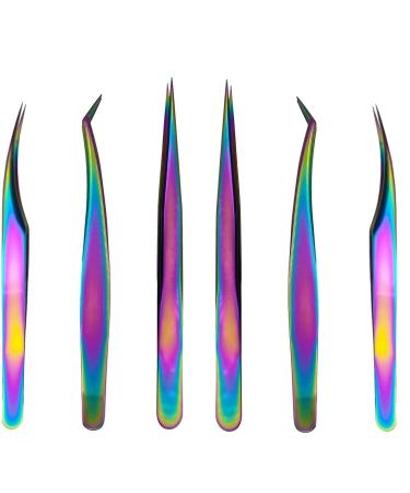 Latrate 6 pieces eyelash tweezers set eyelash extension tweezers stainless steel straight curved lace tweezers eyelashes tongs for eyelash extensions and nail design