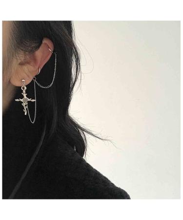 Cross Chain Cuff Earrings Silver Cross Dangle Chain Earrings Long Crucifix Drop Earrings Religious Ear Cuff Wrap Chain Earrings Jewelry for Women and Girls