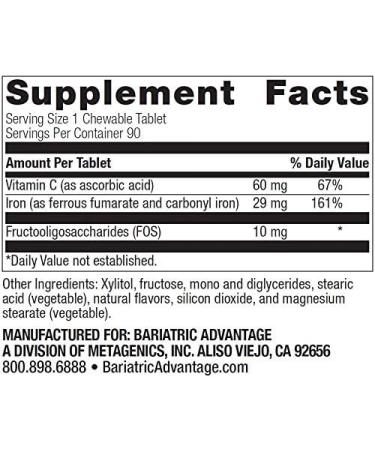 Bariatric Advantage Chewable Iron 29mg with Vitamin C - 90 Count Passion Fruit Flavor for Gastric Surgery Patients - Buy Online on GoSupps.com