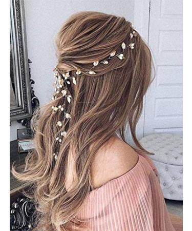 Kercisbeauty 61 cm long pearl leaf headband for wedding bride hair clerk bridal jewelry bridesmaids flower girls headdresses peak hair accessories (rose gold) rose gold red gold