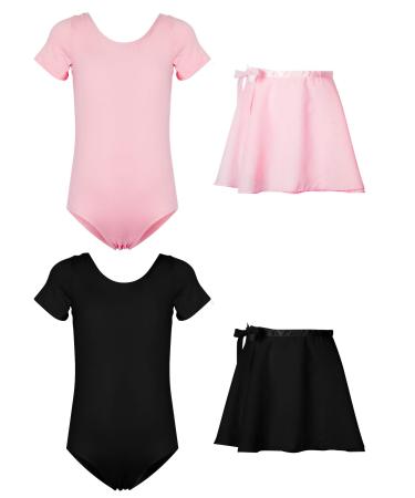 2 Pack Ballet Leotard for Girls Toddler Ballet Leotards Ballet with Skirt Dance Dress Short Sleeve Tutu for Kids Girl Black Pink 2-4 Years