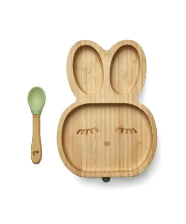 Tiggi Bamboo Baby Suction Plate - Complete Weaning Set Non-Slip Baby Plate Eco-Friendly Bamboo Plates for Babies and Toddlers (Bunny Rabbit Soft Mint)