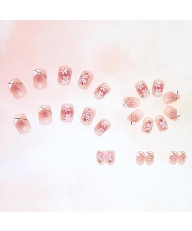 SINLOV Medium Long Square Fake Nails Pink Flower French False Nail Glossy Full Cover False Nails Press on Nails for Women and Girls - Buy Online on GoSupps.com