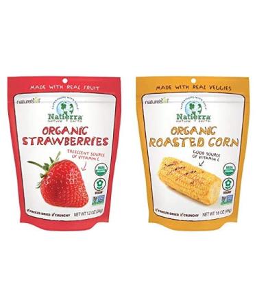 Natierra Nature's Organic Freeze-Dried Strawberries, 1.2 Ounce (Pack of 1) & Roasted Corn 1.6 Ounce (Pack of 1) Bundle Strawberries + Corn Strawberries 1.2 Ounce & Roasted Corn 1.6 Ounce