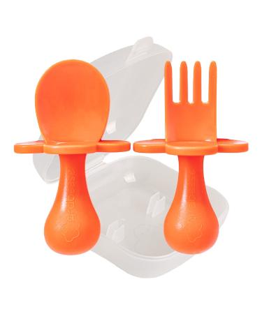 Grabease Baby and Toddler Self-Feeding Utensils Spoon and Fork Set for Baby-Led Weaning Made of Non-Toxic Plastic Featuring Protective Barriers to Prevent Choking and Gagging Orange