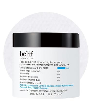 belif PHA 2% Toner Pads Gentle Exfoliating Facial Polish for Pore Care Hydrating & Soothing with Panthenol & Cica Double-Sided Texture Ideal for Sensitive Skin Korean Skincare (70 Pads) Old Formula 5 Fl Oz (Pack of 1)