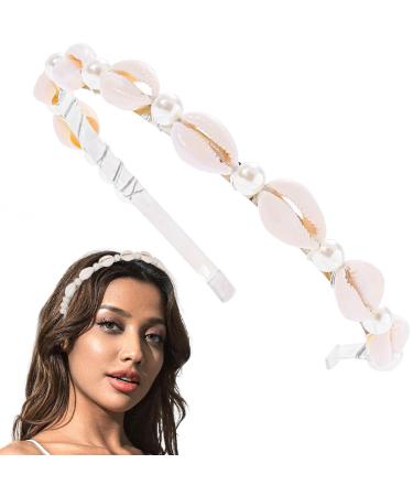 Flayem Pearls Shell Headband Silver Narrow Mental Hair Band Beach Wedding Holiday Bridal Hair Hoop for Women and Girls (White Pearls)