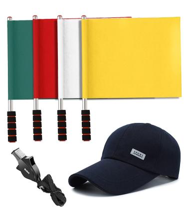 4 Pcs Referee Football Soccer Flag Stainless Steel Command Hand Flag Signal Flags Athletic Competition Flag Track and Field Sports Training Flag with Baseball Hat and Referee Whistle 4 color+cap+whistle)
