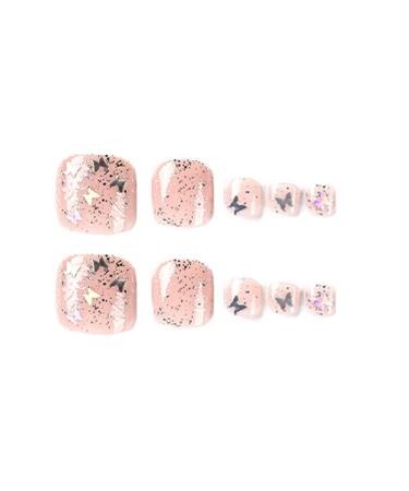 Silver Glitter Butterfly Sequins Toe Nail Press Ons - 24PCS Short Square Fake Toenails for Women | Summer Manicure Glossy Design - Style 13 - Buy Online on GoSupps.com