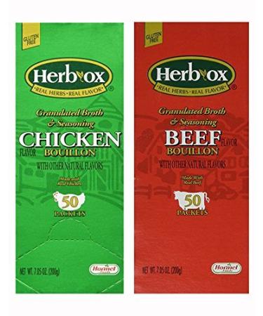Herb-Ox Bouillon Bundle,Beef and Chicken, 100 Total Packets 50 Count (Pack of 2)