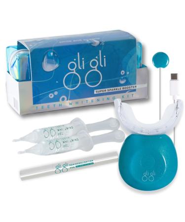 Super Sparkle Booster Teeth Whitening Kit - 2 x 5ml Hydrogen Peroxide 6% Whitening Gel Syringes - Includes Rechargeable LED Whitening Device & Remineralization Pen - 10 to 15 Days Treatment