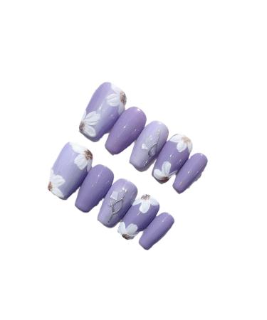 Taro Purple Flower Cool Relief White Camellia Simple Gentle Elegant Whitening Handmade Press On Nails False nails (Color : S)