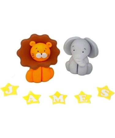 Personalised Animals Cake Toppers Set - Edible Jungle Lion Elephant Kids Cupcake Decorations with an Edible Glue - Set of 2 Birthday Party Supplies - Buy Online on GoSupps.com