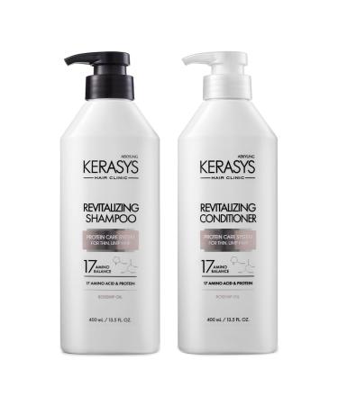 Kerasys Hair Clinic Protein Care System for Thin Limp Hair Rosehip Oil REVITALIZING 13.5 fl oz / 400 ml (Shampoo + Conditioner Set)