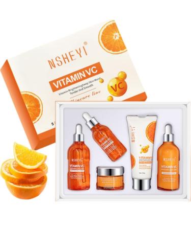 5 Pack Vitamin C Skin Care Set, Moisturizing Facial Skin Care with Face Cleanser, Face Serum, Face Cream, Toner and Lotion, Anti Aging Skin for