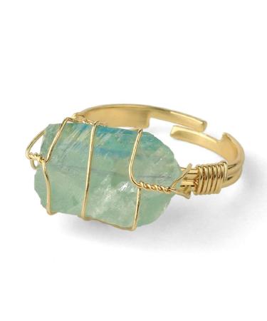 COLORFUL BLING Raw Healing Crystal Natural Stone Ring Statement Copper Wire Wrapped Irregular Crystal Gemstone Adjustalble Ring Jewelry for Women Girls Green Fluorite