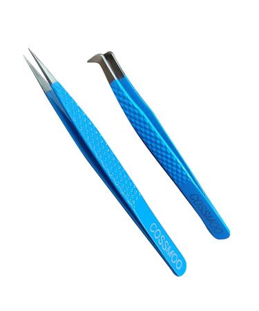 2 Pieces Diamond Grip Eyelash Tweezers Professional Set- COSSMOO Straight And Angled Curved L-Shape Volume Tweezers For Lashes Extension Pointed Individual Application Tweezers For False Lash