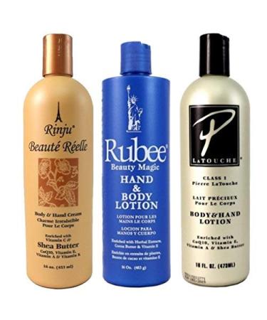 Rubee Pierre La Touche & Rinju Beaute Reelle Lotion 16 oz. (Set of 3) with a Rinju Lotion 2oz Rinju Shea Butter Lotion Bottle