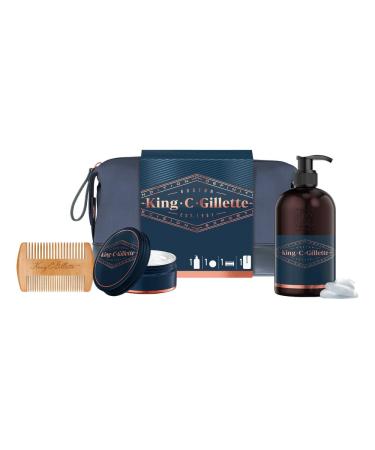 King C. Gillette Beard Grooming Kit for Men Toiletry Bag Beard & Face Wash 350 ml + Beard Balm 100 ml + Comb Gifts for Men