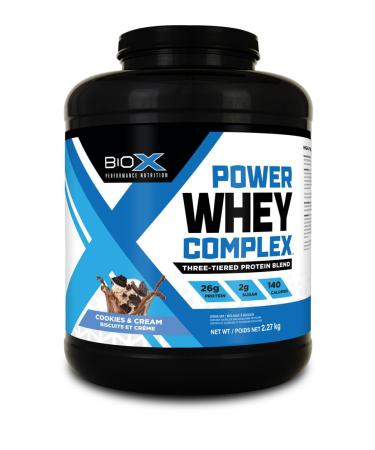 BioX Power Whey Complex | High Protein 100% Pure Whey Protein Powder | 26g Protein | Nitrogen-Rich Three Tiered Powder with Whey Concentrate Whey Isolate Hydrolyzed Whey (5LB Cookies & Cream)