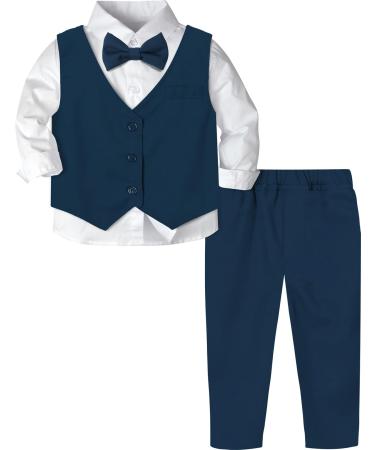mintgreen Baby Boys Gentleman Suit Set Long Sleeve Shirt with Bowtie + Waistcoat + Pants Size: 1-4 Years Navy Blue 3-4 Years