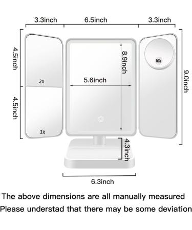 LISSAHNE 360 Foldable Trifold Makeup Mirror with Touch Control & LED Light Strip - 2X 3X 10X Magnifying, USB Rechargeable - Portable & Compact Vanity Mirror in White - Buy Online on GoSupps.com