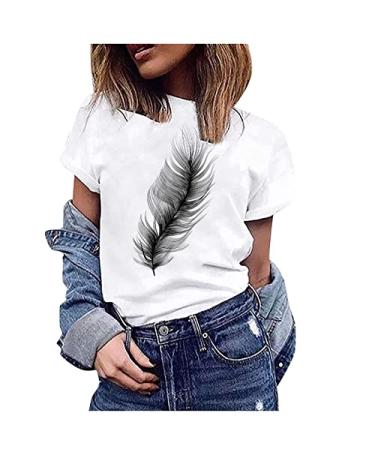 Summer Tops for Women 2023 Dandelion Floral Print Tshirts Casual Dressy Round Neck Blouses Loose Fit Short Sleeve Tees 06 White Large