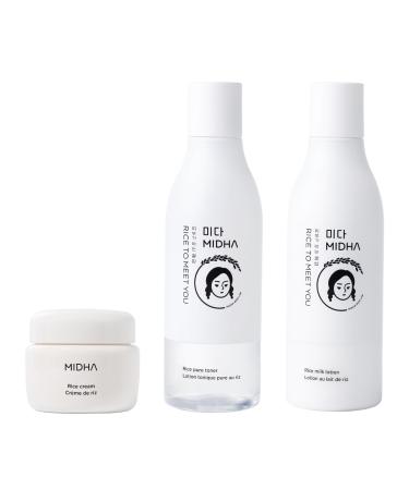 MIDHA Rice Cream 1.69fl.oz. + Rice Pure Toner 6.76fl.oz. + Rice Milk Lotion 6.76fl.oz. Skin Barrier Support Moisturising Lightweight Daily Cream with Dewy Alcohol-Free Clean Beauty Skincare for