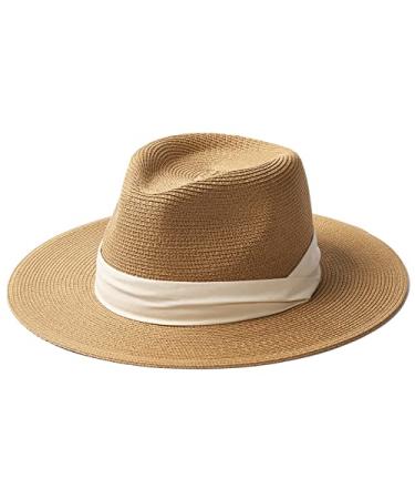 FURTALK Panama Hat Sun Hats for Women Men Wide Brim Fedora Straw Beach Hat UV UPF 50 Khaki+white Medium-Large