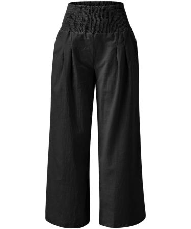 Gufesf Women's Casual Cotton Linen Palazzo Pants - Floral Beach Wide Leg Trousers with Pockets | A1-black, Large - Buy Online on GoSupps.com