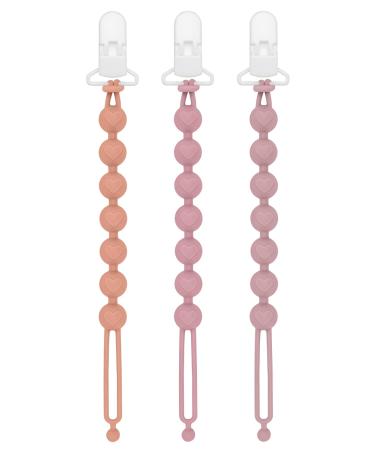 CLdy pacifier chain made of silicone 2-in-1 pacifier holder and bite ring toys in one-piece design pacifier strap for babies girls and boys BPA-free 3-series pack (orange+purple+pink)