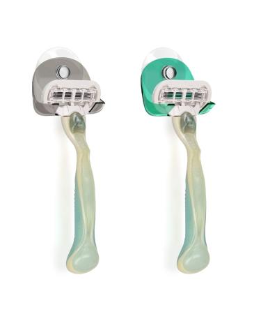 kwmobile 2x Razor Holder with Suction Cup - Self-Adhesive Shaver Wall Mount - Bathroom Organizer for Glass and Tiles - Black/Green/Transparent Black / Green / Transparent