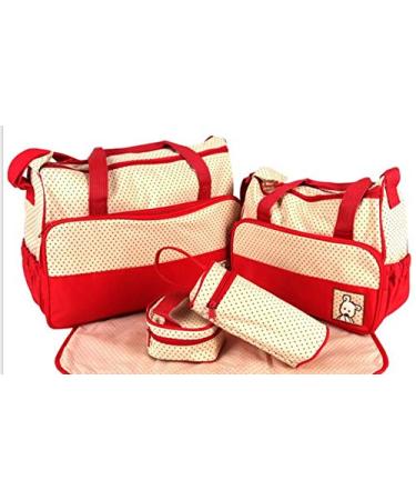 Multi-function 5-Piece Mummy Baby Diaper Nappy Changing Tote Shoulder Handbag Messenger Bag Light Weight with Bottle Bag Changing Mat Zipper Diaper Bag and Changing Mat Red
