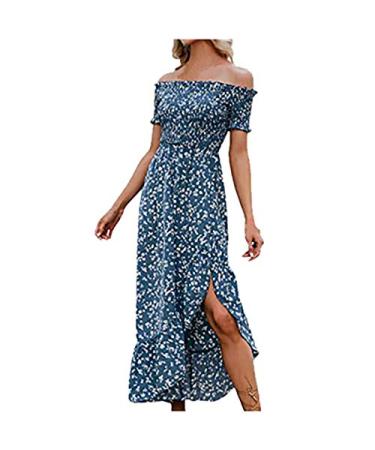 Womens Maxi Dresses Sexy Off Shoulder Chiffon Long Dress Short Sleeve Slash-Neck Beach Dress Fashion Print Split Dress Large Blue