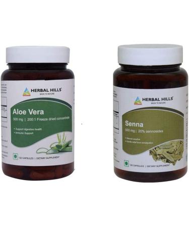 HERBAL HILLS Senna Capsules 120 & Aloe Vera Capsules 120 Count for Healthy Digestion and Detoxification Combo (Pack of 2) 240 Count