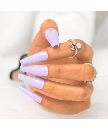 Sethexy long ballerina false nail shiny coffin false fingernails 24st acrylic you press on art nail tips for women and girls (Taro purple)