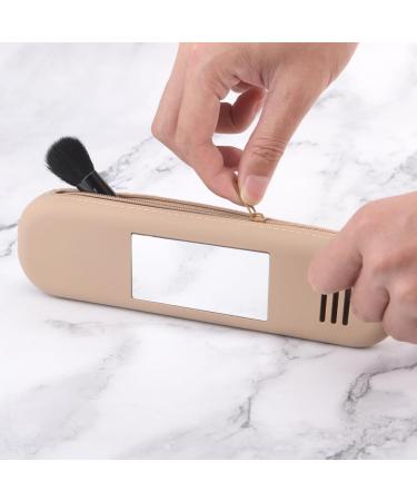 Travel Makeup Brush Holder - Silicone Portable Cosmetic Organizer with Mirror | Soft Waterproof Travel Essentials (Khaki - Buy Online on GoSupps.com