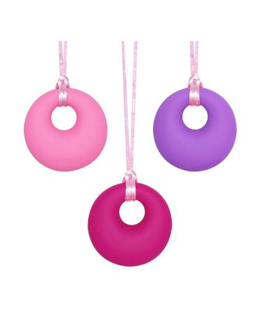 Chew Necklace for Sensory Kids Girls Chewy Necklace Sensory Chew Toys for Adults with Autism ADHD Anxiety Silicone Sensory Necklaces for Chewing - 3 Pack Purple Pink Rose Red