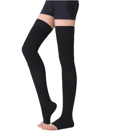 TOFLY Medical Thigh High Compression Stockings for Women & Men (Pair) Opaque Open Toe 15-20mmHg Graduated Compression Hose Medical Compression Stockings Support for Varicose Veins Edema Black L L 15-20mmhg Black